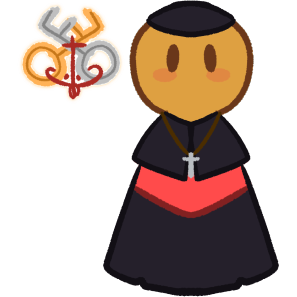 the crossed keys of Roman Catholicism; to the right is a yellow figure, wearing a black cassock, pellegrina and zucchetto, a red fascia, and a silver pectoral cross.